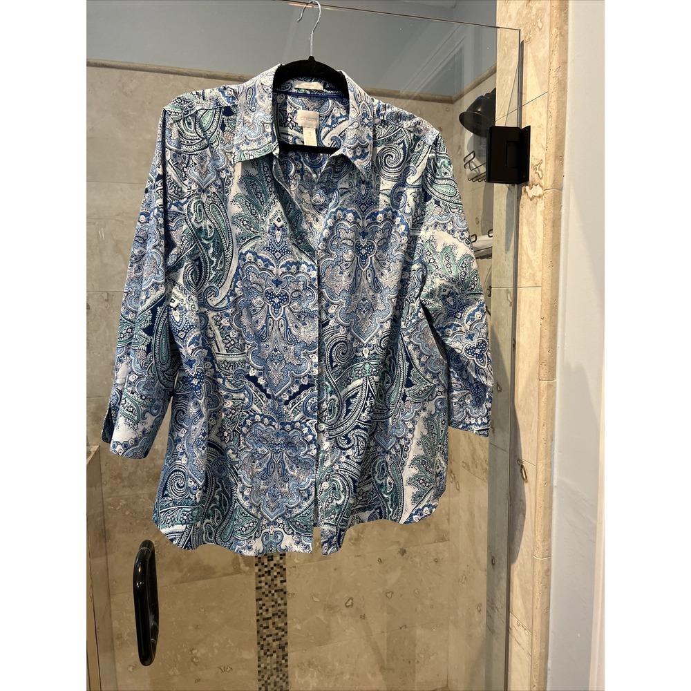 Chicos No Iron Hidden Button Front White Blue Paisley Print Long Sleeve Top 3 XL